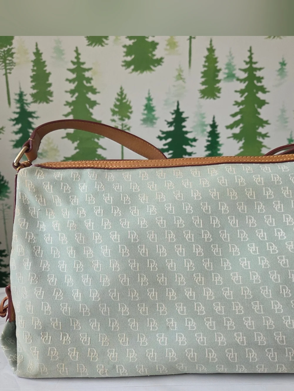 Dooney & Bourke Light Green Satchel with Tan Trim and Gold Hardware